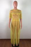 Yellow Casual Fashion Cap Sleeve Half Sleeves O neck Straight Ankle-Length Solid asymmetrical Mes
