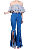 Dark Blue Denim Zipper Fly Button Fly High Solid washing Hole Zippered Boot Cut Pants 