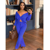 Blue Sexy Solid Patchwork V Neck Long Sleeve Two Pieces