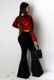 Black Denim Button Fly Sleeveless High Solid Patchwork Hole Boot Cut Pants 