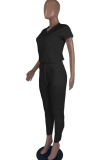 Black venetian Casual Fashion Ma'am adult Patchwork Two Piece Suits Solid pencil Short Sleeve Two-piece P