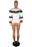 White O Neck Long Sleeve ruffle Solid Patchwork Tees & T-shirts