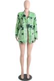Green cardigan Long Sleeve Solid Print Newspaper Blouses & Shirts