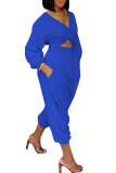 Rose Red Casual Solid Patchwork Fold Asymmetrical V Neck Long Sleeve Two Pieces