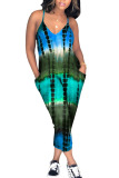 Red Casual Print Patchwork Pocket Spaghetti Strap Loose Jumpsuits