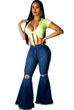 Blue Denim Button Fly Zipper Fly High Zippered Hole washing Pocket Boot Cut Pants 