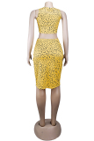 Yellow adult Sweet Fashion Two Piece Suits Print Patchwork A-line skirt Sleeveless