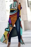 Dark African Figure Print High Slit Turtleneck Long Sleeve Long Casual Maxi Dresses