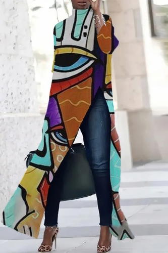 Dark African Figure Print High Slit Turtleneck Long Sleeve Long Casual Maxi Dresses