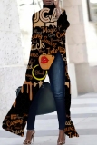 Dark Grey African Figure Print High Slit Turtleneck Long Sleeve Long Casual Maxi Dresses