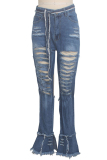 Blue Denim Button Fly Sleeveless High Hole Solid Patchwork Boot Cut Pants Pants