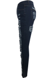 Blue Denim Zipper Fly Button Fly High Hole Zippered Pocket washing pencil Pants Pants