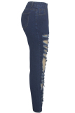 Dark Blue Denim Zipper Fly Button Fly High washing Hole Zippered Pocket Straight Pants Pants