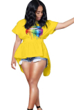 White O Neck Short Sleeve backless ruffle Print asymmetrical HOLLOWED OUT Tees & T-shirts