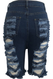 Blue Denim Button Fly Zipper Fly High washing Hole Zippered Pocket Straight shorts Shorts