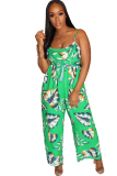 Green Sexy Print Backless Chemical fiber blend Sleeveless Slip Jumpsuits