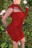 Blue Fashion Casual Adult Twilled Satin Patchwork Solid Patchwork O Neck Long Sleeve Mini Long Sleeve Dress Dresses