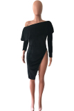 Red Street Off The Shoulder Long Sleeves One word collar Asymmetrical Knee-Length Solid asymme