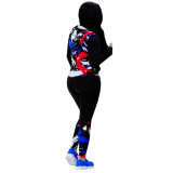 Pink Sexy Print Patchwork Hooded Collar Long Sleeve Two Pieces
