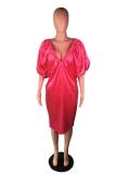 rose red Sexy lantern sleeve Half Sleeves V Neck Lantern skirt Mid-Calf Solid Casual Dresses