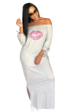 Grey Casual Off The Shoulder 3/4 Length Sleeves One word collar Straight Ankle-Length Print Casual Dress