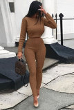 Pink Elastic Fly Long Sleeve Mid Solid pencil Pants Two-piece suit
