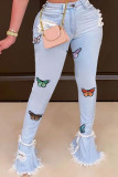 Baby Blue Sexy Print Ripped High Waist Boot Cut Denim