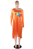 Orange adult Fashion Sexy One Shoulder Long Sleeves one shoulder collar Swagger Mid-Calf Print Ch