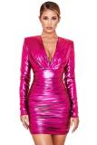 Silver adult Sexy Fashion Cap Sleeve Long Sleeves V Neck Step Skirt Mini Draped chain Fluorescent