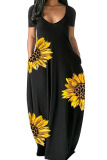 Black Casual Print Patchwork V Neck Short Sleeve Dress Dresses