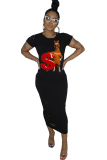 Green Fashion adult Sexy Cap Sleeve Short Sleeves O neck A-Line Mid-Calf hole Print asymmetrical