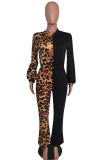 White Casual Print Leopard grain Patchwork Long Sleeve O Neck Jumpsuits