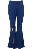 Dark Blue Denim Zipper Fly Button Fly High Solid washing Hole Zippered Boot Cut Pants 