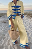 Yellow Graphics Fish Print Turndown Collar Long Sleeve Buttons Blouse And Wide Leg Pants Vacation Casual Two Pieces Trouser Sets