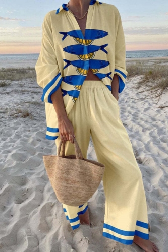 Yellow Graphics Fish Print Turndown Collar Long Sleeve Buttons Blouse And Wide Leg Pants Vacation Casual Two Pieces Trouser Sets