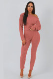 Coffee Elastic Fly Long Sleeve Mid Solid pencil Pants Two-piece suit