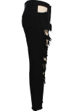 Black Denim Zipper Fly Button Fly High Solid washing Hole Zippered Straight Pants 