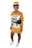 Khaki Casual Fashion adult Cap Sleeve Long Sleeves O neck Step Skirt Mini Print Long Sleeve Dre