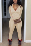 Dark Brown Fashion Sexy Solid Zipper Collar Long Sleeve Regular Sleeve Regular Two Pieces