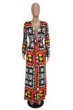 multicolor V Neck Slim fit Bandage Print Print Long Sleeve 