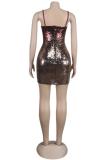 Gold adult Fashion Sexy Spaghetti Strap Sleeveless Slip Step Skirt skirt Sequin Solid Club Dre