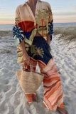 Yellow Graphics Fish Print Turndown Collar Long Sleeve Buttons Blouse And Wide Leg Pants Vacation Casual Two Pieces Trouser Sets