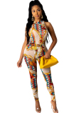 White Fashion Ma'am adult Sexy Two Piece Suits Print Patchwork pencil Sleeveless Two-piece Pant