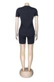 Black Casual Camouflage Straight Short Sleeve Two-Piece Short Set
