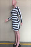 White Acetyl fiber Sweet Cap Sleeve Long Sleeves O neck Swagger Knee-Length Print Striped Patchwork 