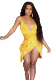 Yellow Street Fashion adult Spaghetti Strap Sleeveless Slip Step Skirt Knee-Length Solid Patchwor