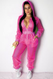rose red Sexy Fashion Patchwork Solid Mesh Long Sleeve V Neck Jumpsuits