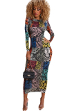 multicolor Sexy Cap Sleeve Long Sleeves O neck Step Skirt Mid-Calf Print