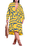 Yellow Casual Print Patchwork Buckle Turndown Collar Shirt Dress Plus Size Dresses