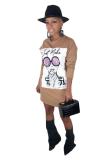 Khaki Casual Fashion adult Cap Sleeve Long Sleeves O neck Step Skirt Mini Print Long Sleeve Dre